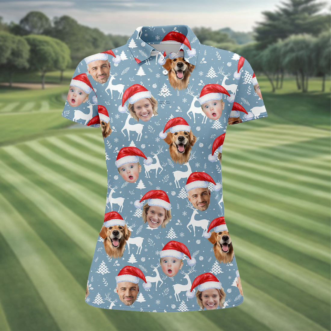 Custom Face Reindeer Pattern Ice Blue Christmas Golf Shirt, Women's Golf Tops, Golf Gift For Ladies