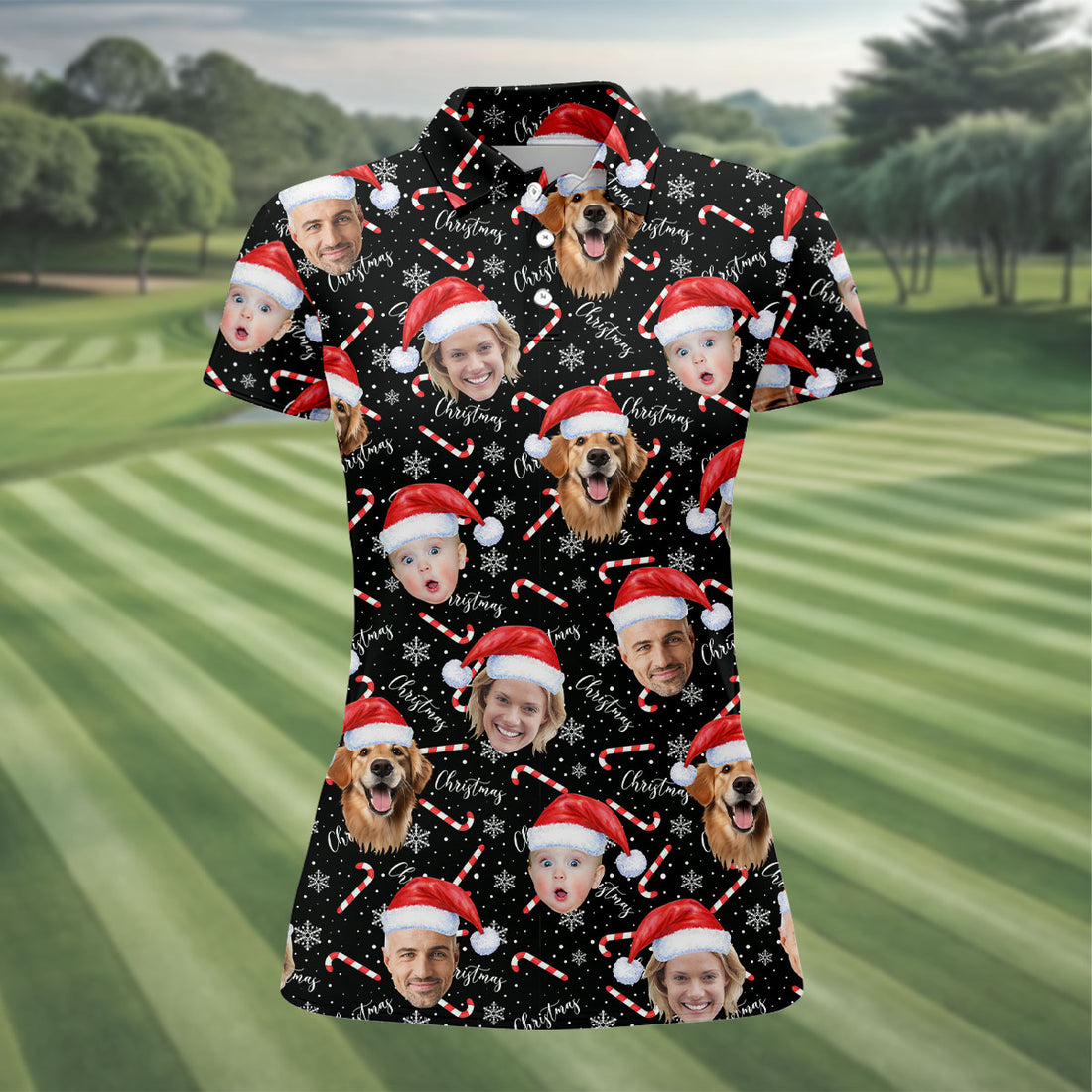 Custom Face Candy Cane Christmas Black Golf Shirt, Christmas Golf Shirt, Ladies Golf Tops, Golf Gifts For Women