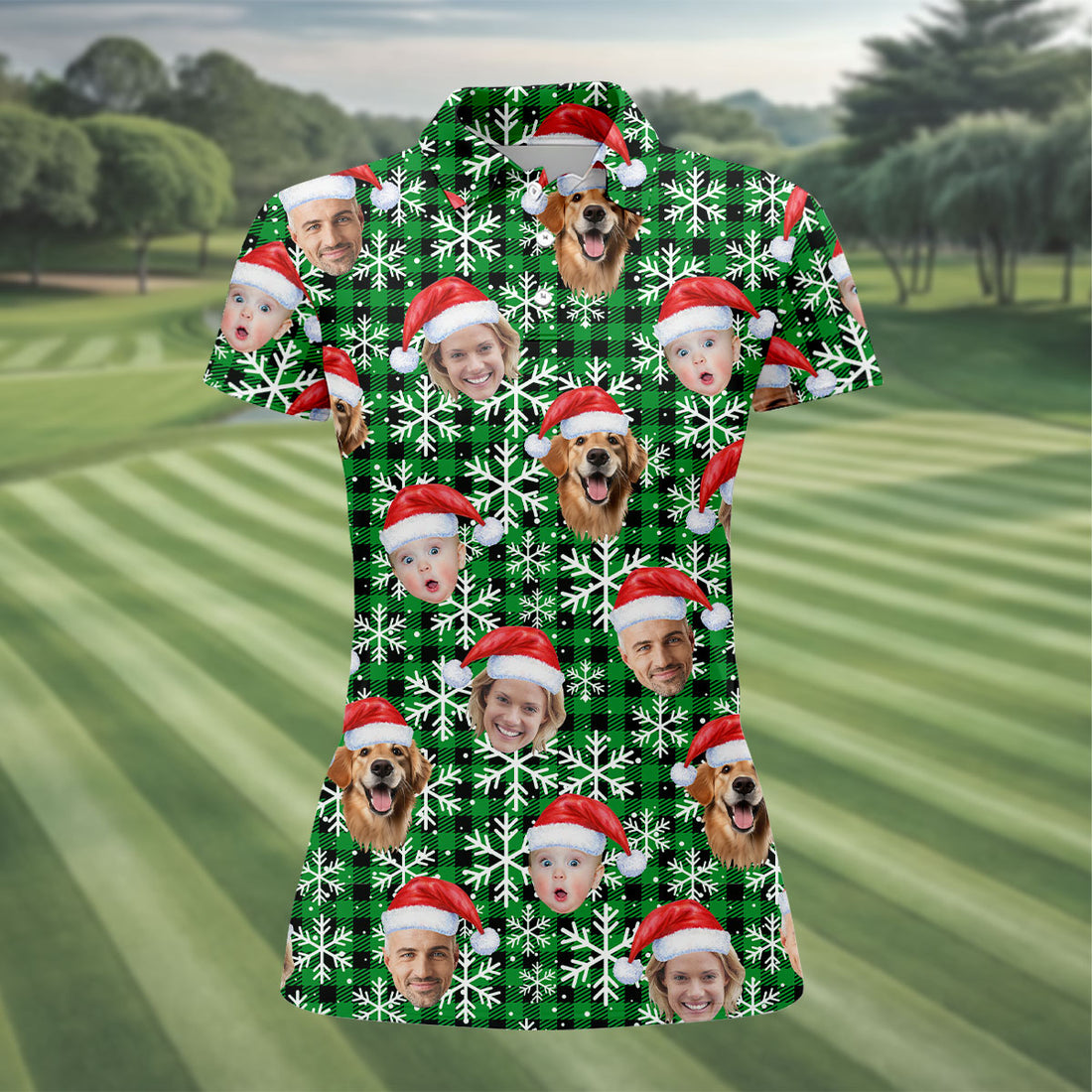 Custom Face Green And Black Checkered Christmas Golf Shirt, Ladies Golf Shirts, Golf Gifts For Women