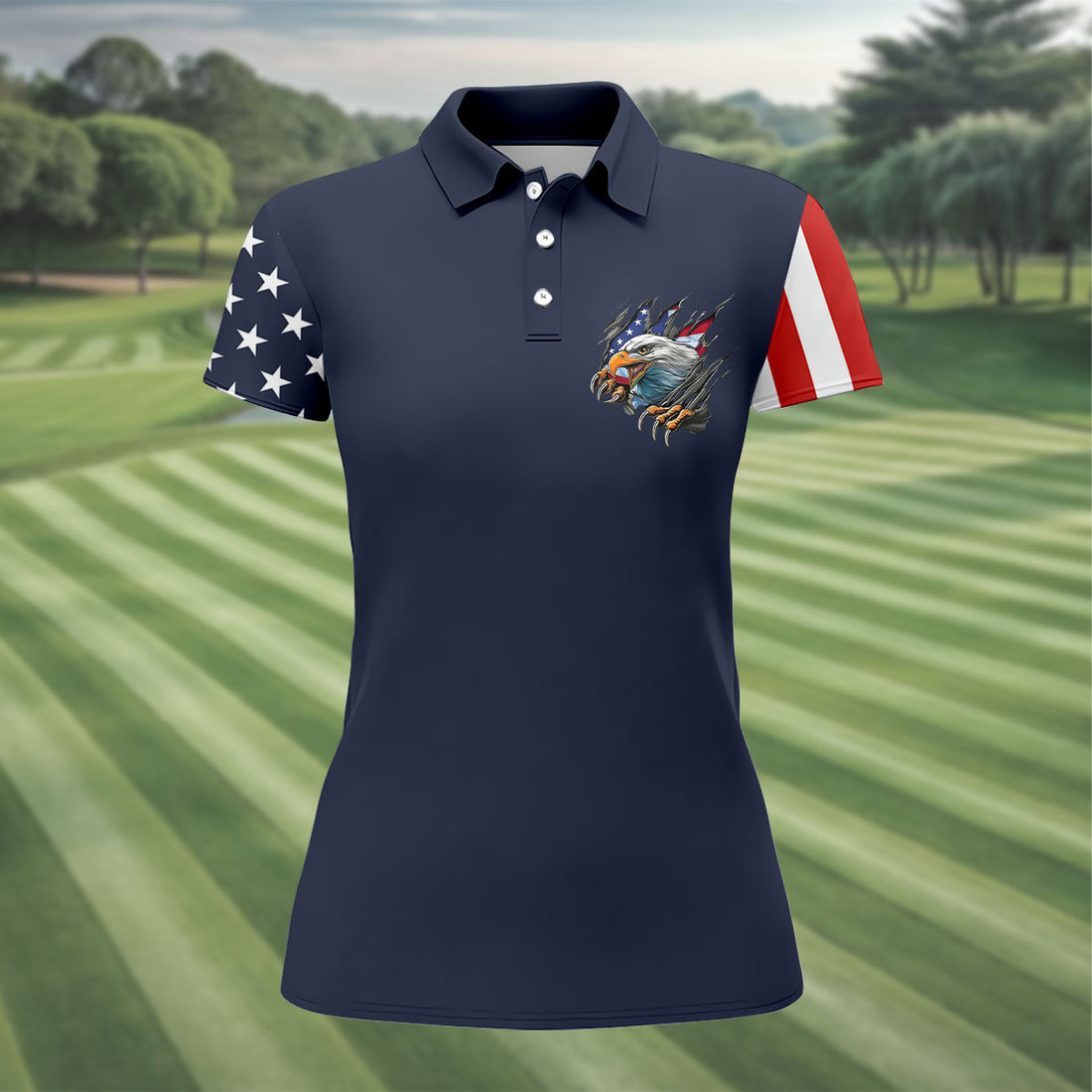 American Flag Sleeves Bald Eagle Women's 250 Years USA Patriotic Golf Shirt, 4th of July Golf Shirt
