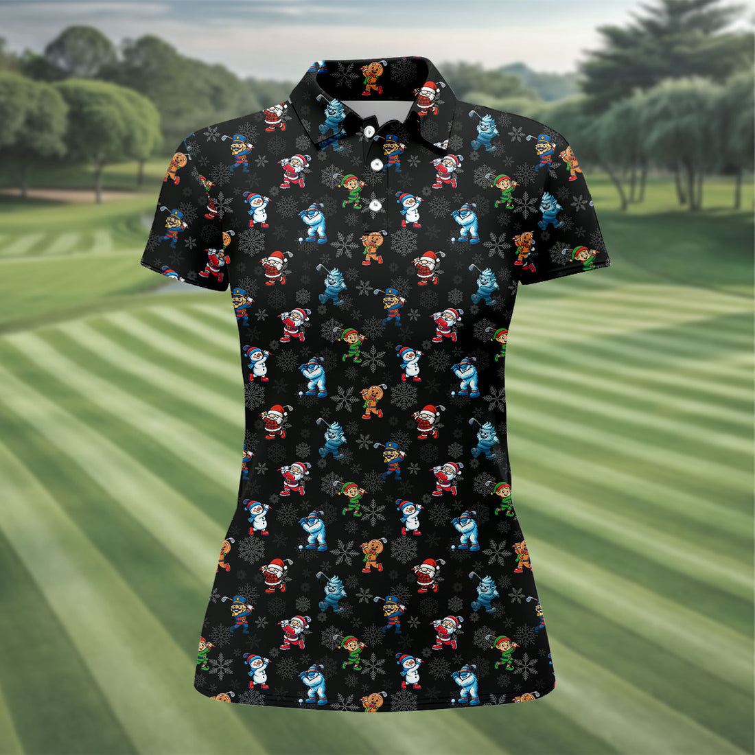 Funny Christmas Characters Golf Pose Black Golf Shirt, Christmas Golf Shirt, Ladies Golf Shirts, Women's Polo Shirt