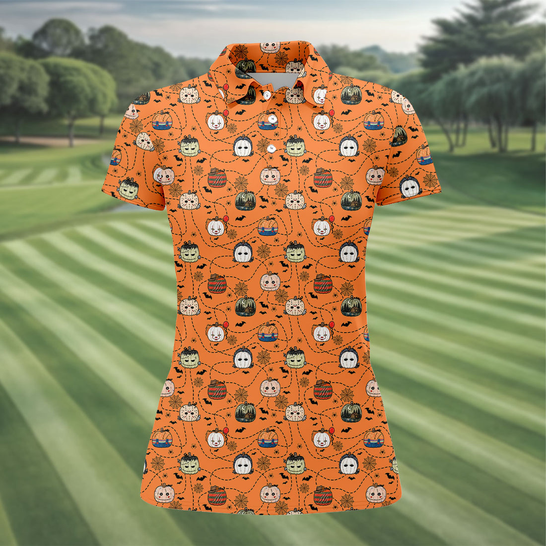 Orange Horror Character Pumpkin Pattern Golf Polo Shirt, Ladies Golf Shirts, Womens Golf Tops