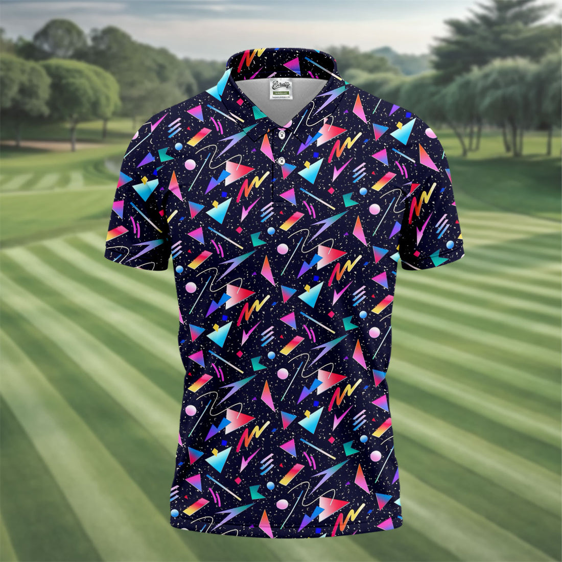 Retro Memphis Geometric Pattern Golf Polo Shirt, Men's Golf Polo, Golf Polo Shirts For Men