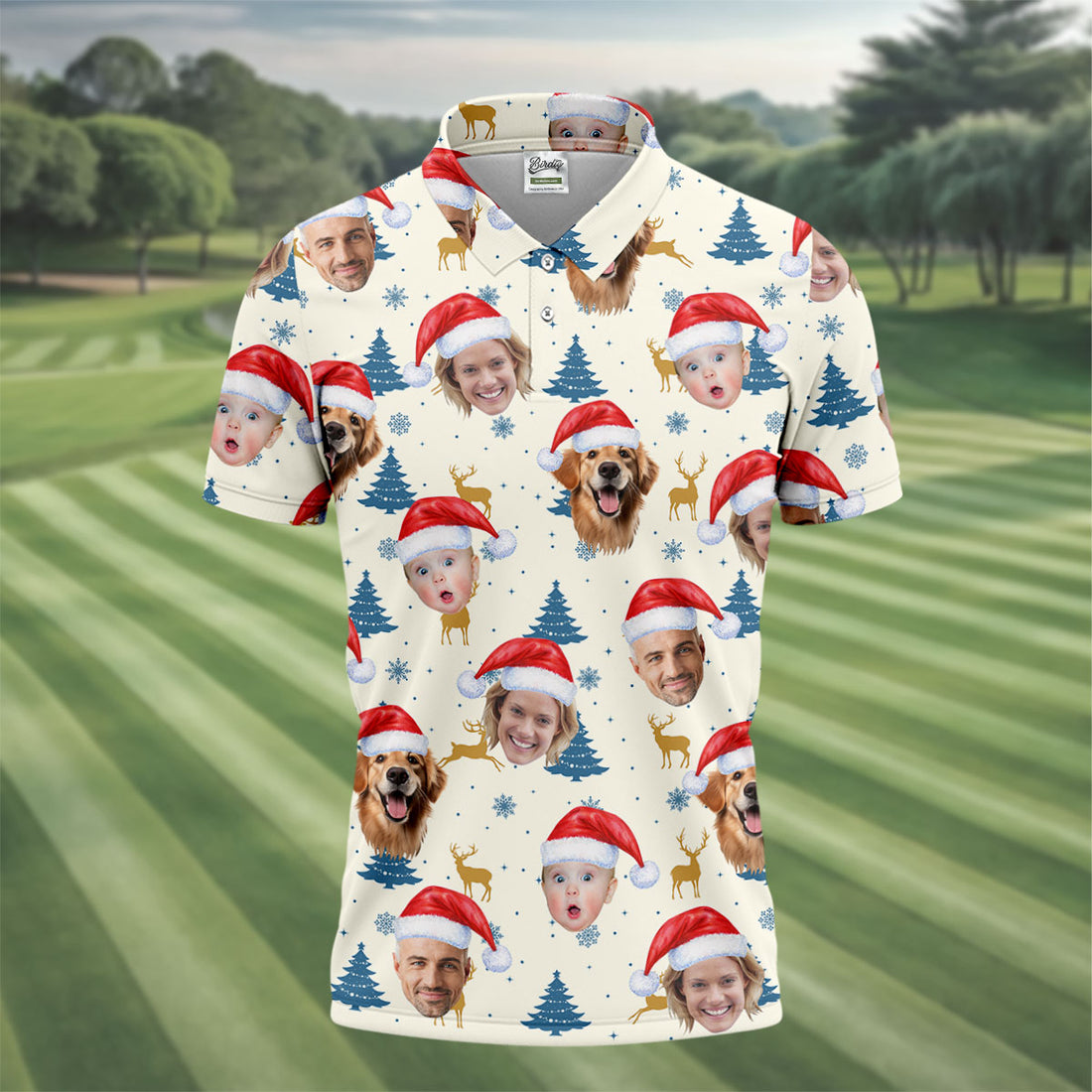 Custom Face Pine Tree Pattern Beige And Navy Christmas Golf Shirt, Golf Shirts For Men, Golf Gift For Men