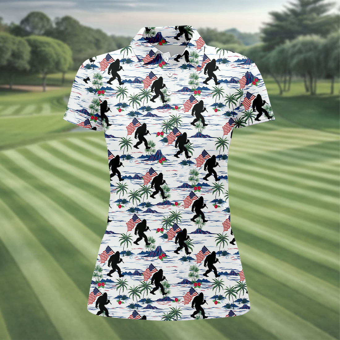 Bigfoot Hawaiian Golf Shirt, Patriotic Tropical Island Pattern, Women's Golf Tops