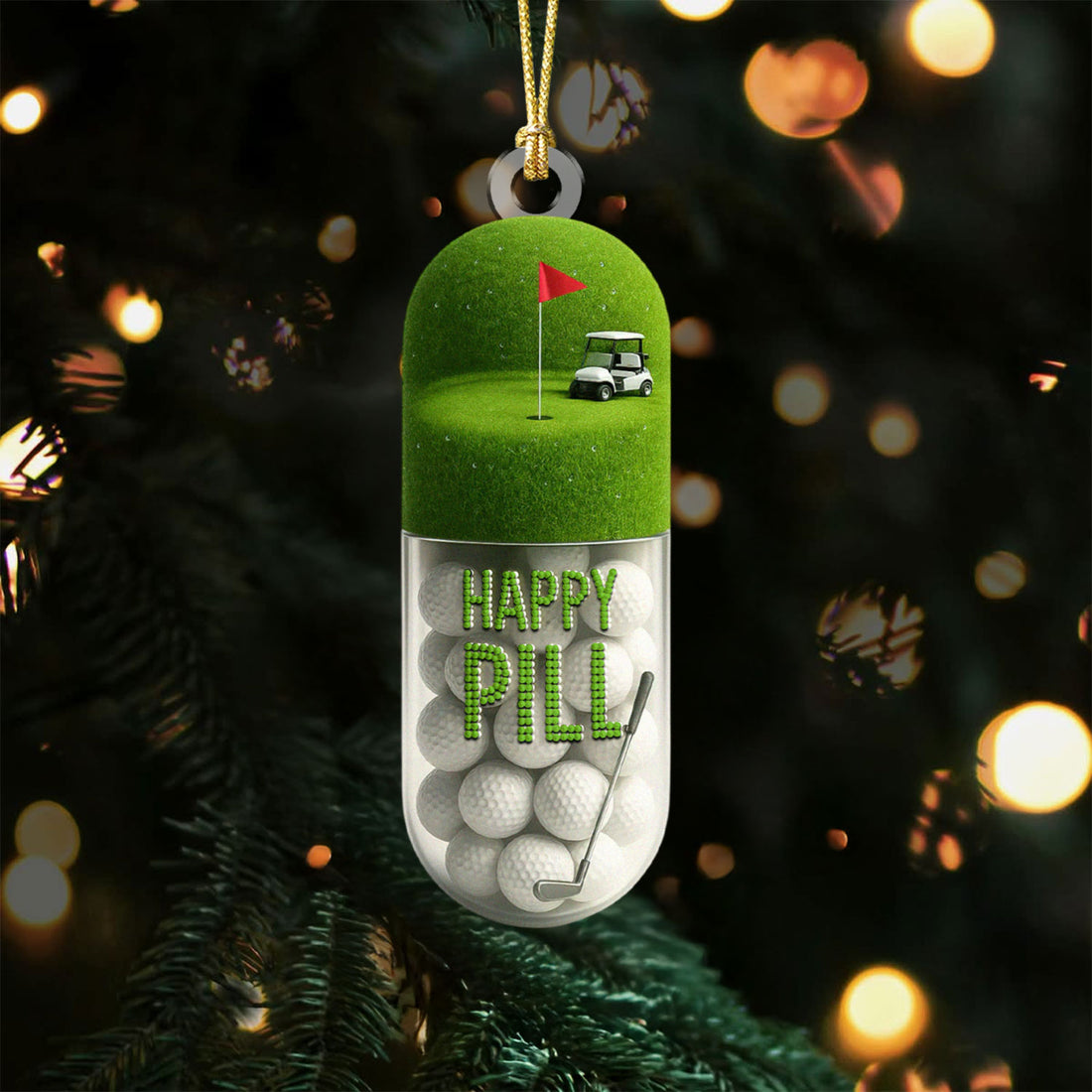 The Happy Pill Green Golf Club Acrylic Ornaments, Golf Christmas Gifts, Funny Golf Ball Golf Ornaments