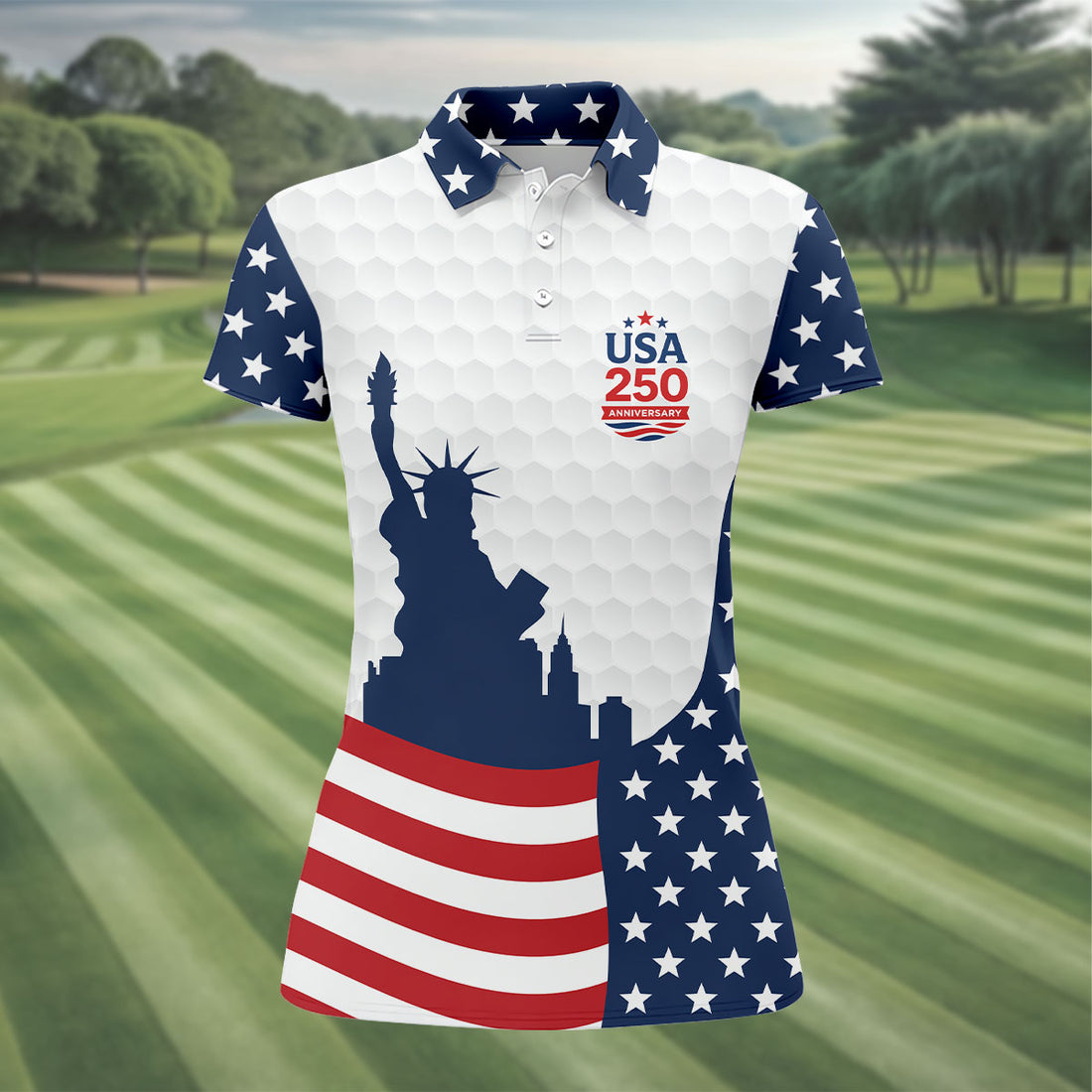 USA 250 Anniversary Silhouette Of Statue Of Liberty White Golf Shirt, 4th Of July Women's Golf Tops