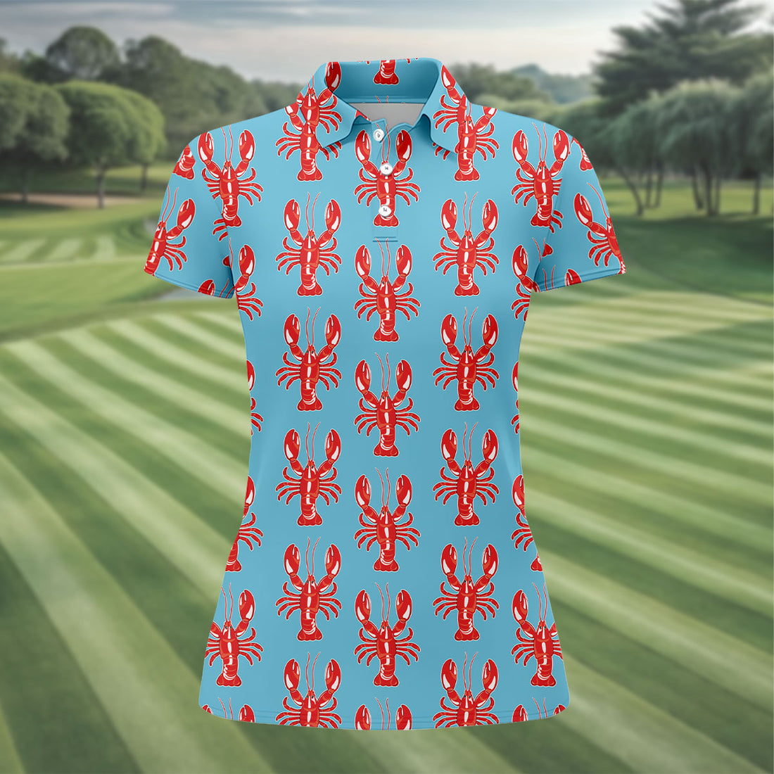 Big Red Lobster Hawaiian Golf Shirt, Retro Golf Shirt, Women's Golf Tops, Ladies Golf Shirts