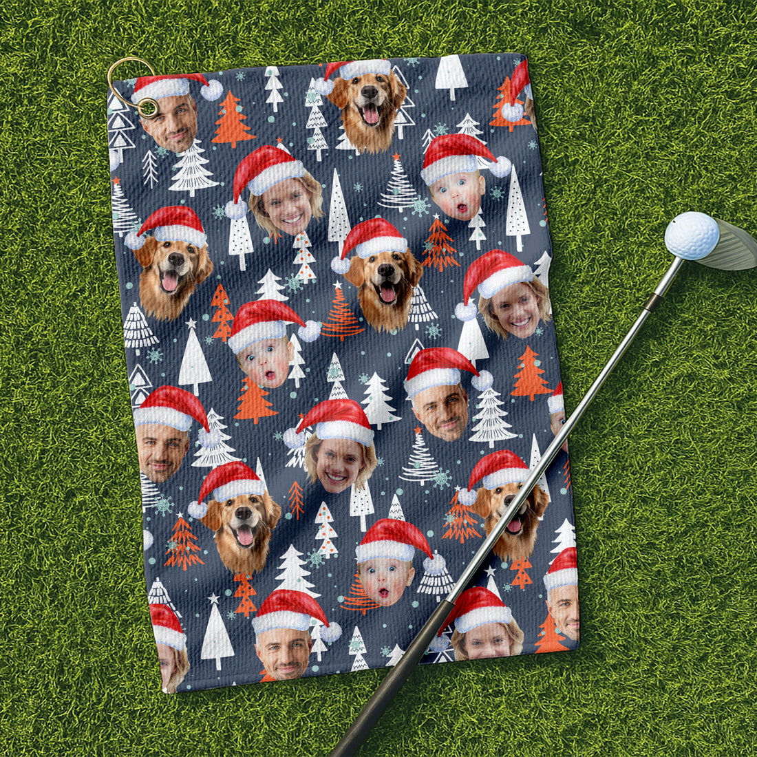 Custom Face White And Orange Xmas Pine Tree Golf Towels, Christmas Golf Gift, Custom Golf Accessories