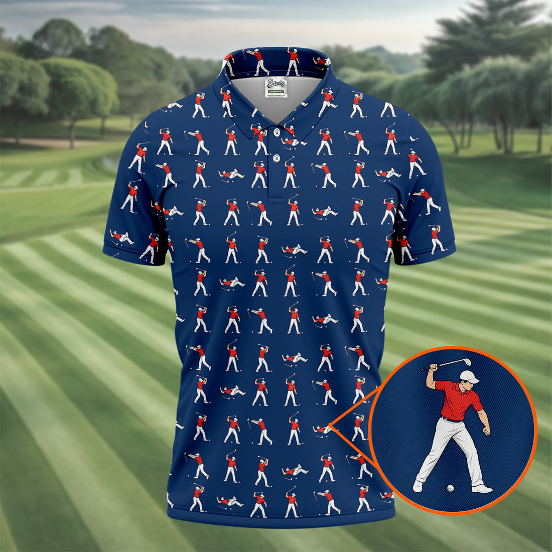 Cartoon Figures Golf Pose Navy Golf Shirt, Golf Tops For Men, Polo Shirts For Men, Golf Shirts For Men