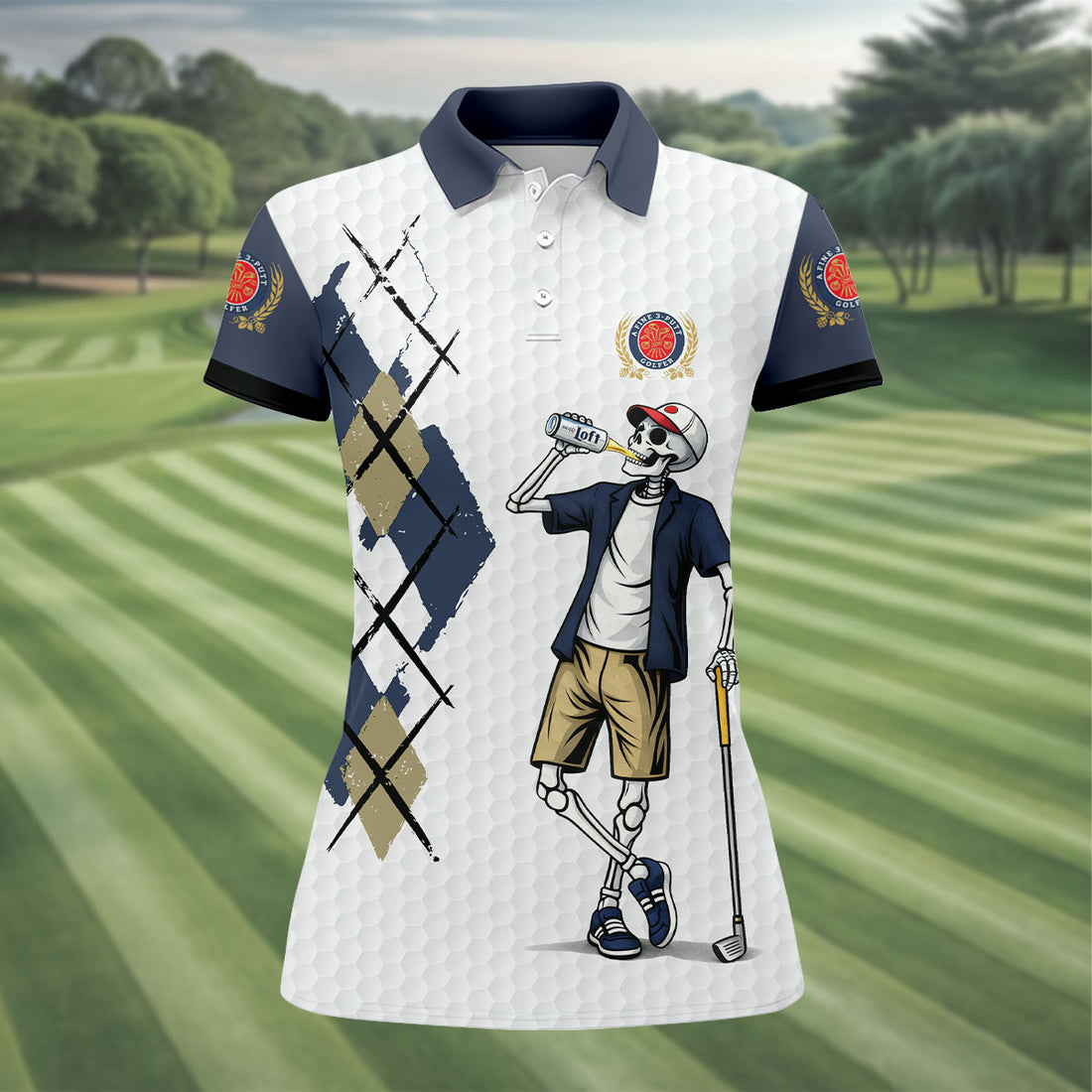 Funny Skeleton Golfer Drinking Beer Polo Shirt, Women’s Golf Apparel, Ladies Golf Shirts
