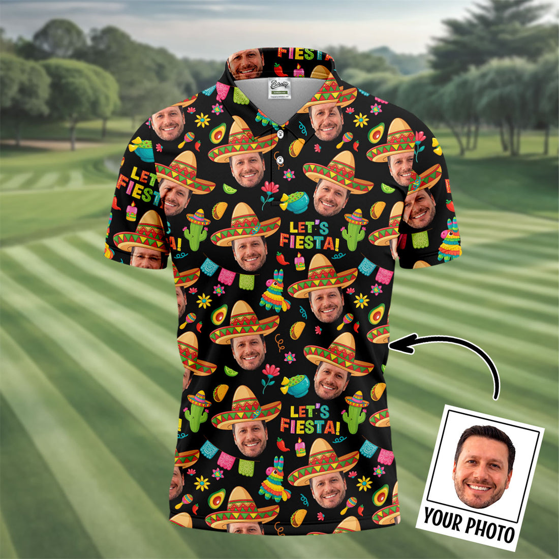 Let's Fiesta Cinco De Mayo Celebration Fiesta Themed Custom Face Black Golf Shirts For Men