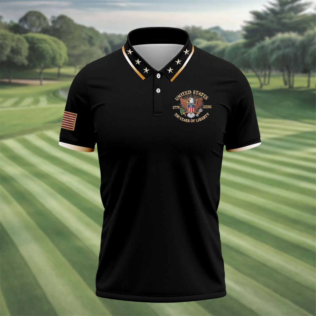 US 1776-2026 250 Years Of Liberty Black Patriotic Golf Shirt, 4th Of July Golf Shirts For Men
