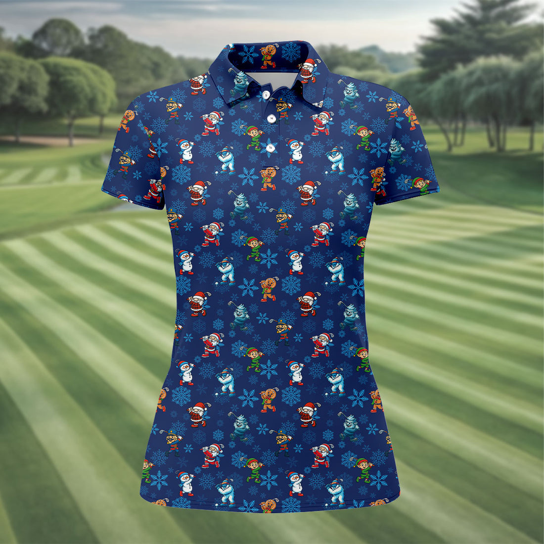Funny Christmas Characters Golf Pose Navy Golf Shirt, Christmas Golf Shirt, Ladies Golf Shirts, Women's Polo Shirt
