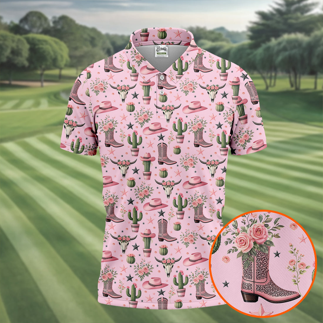 Pink Western Boots Roses Cactus Pattern Hawaiian Golf Shirt, Printed Golf Shirts, Mens Golf Apparel