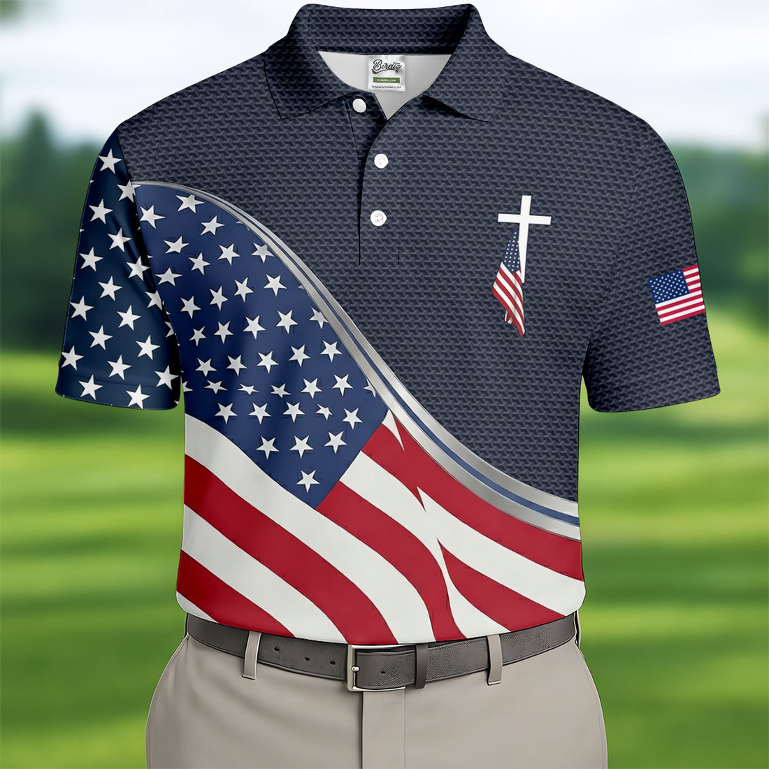 Christian American Flag Cross Golf Polo Shirt, Mens Golf Shirts, Golf Polo Shirts For Men
