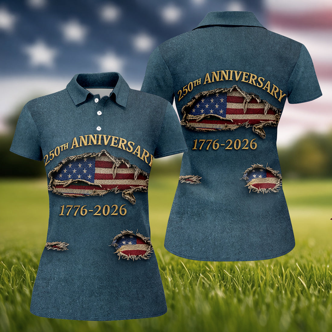 Patriotic American Flag 250th Anniversary Blue Denim Color Ripped Effect Women's Golf Tops, Ladies Golf Shirts