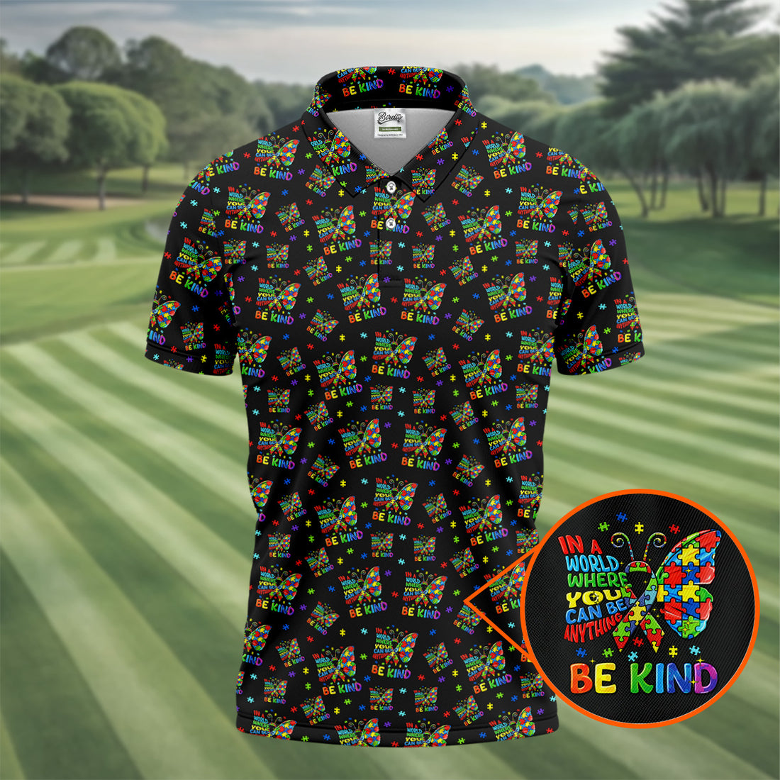 In A World Where You Can Be Anything Be Kind Rainbow Butterfly Autism Awareness Black Golf Shirt, Golf Shirts For Men