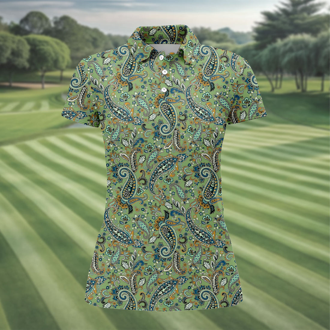Paisley Vintage Earth Green Women's Golf Tops, Ladies Golf Polos, Golf Shirt For Women