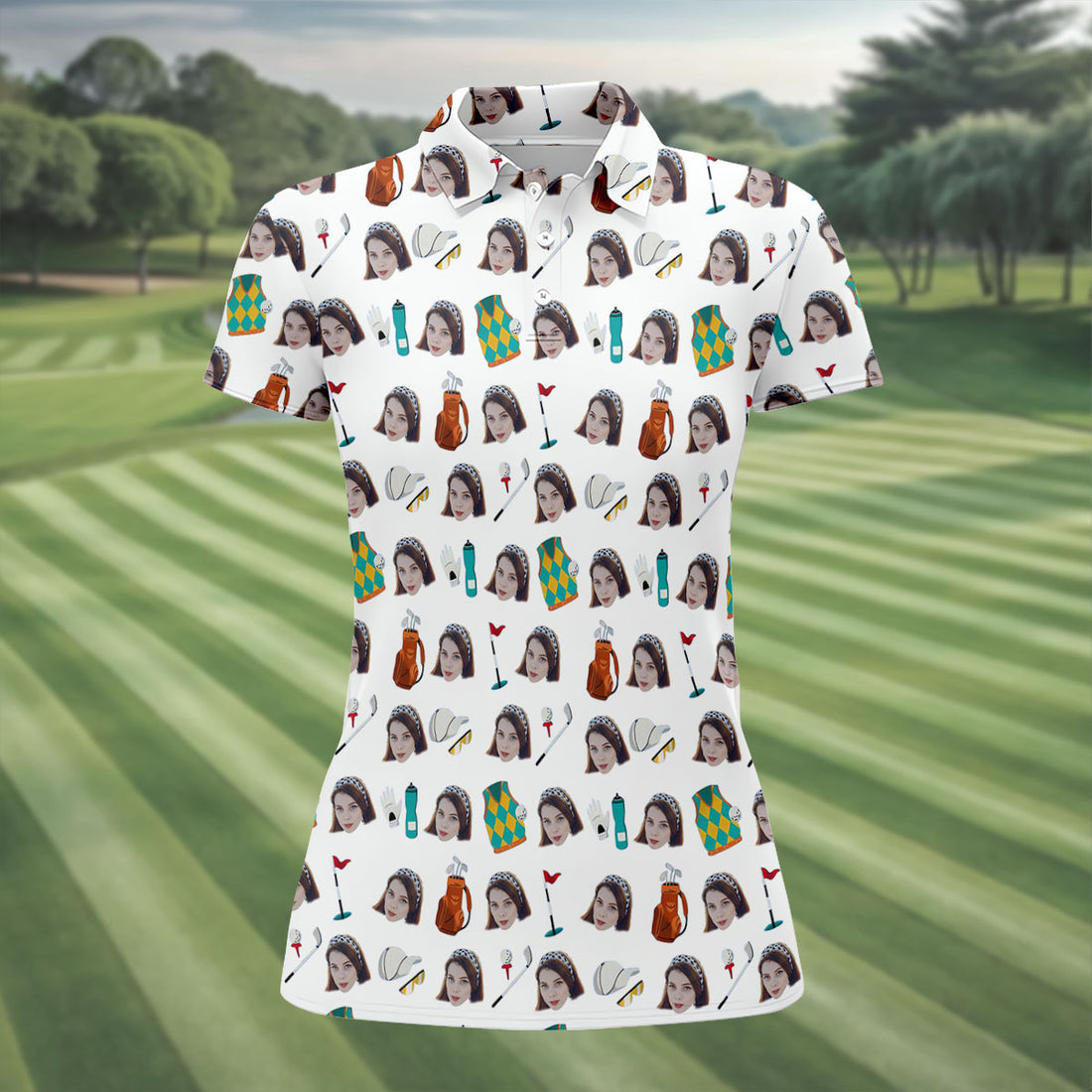 White Custom Photo Golf Icons Polo Shirt, Women’s Golf Tops, Performance Golf Shirt