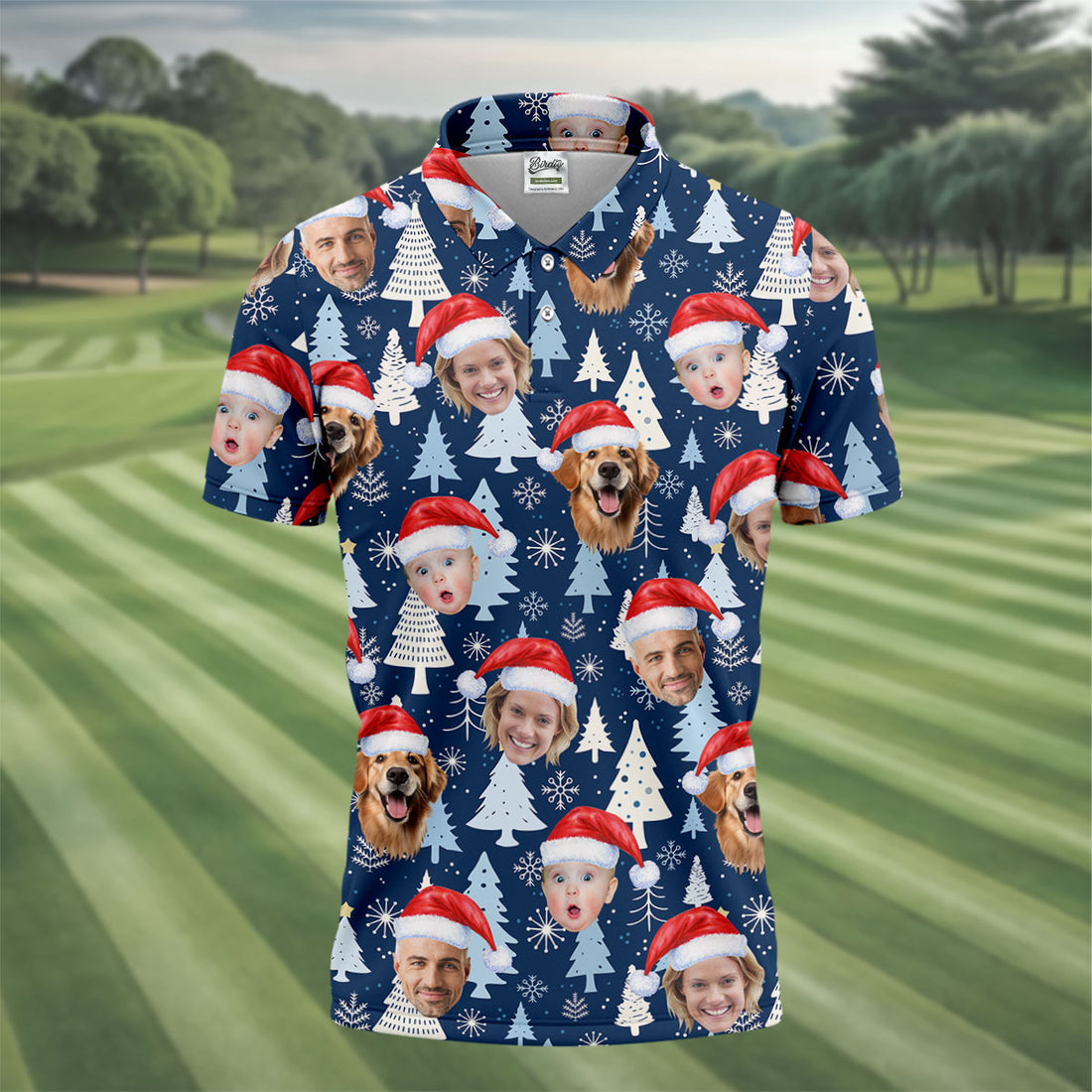 Custom Face Pine Tree Pattern White And Navy Christmas Golf Shirt, Golf Shirts For Men, Golf Gift For Men