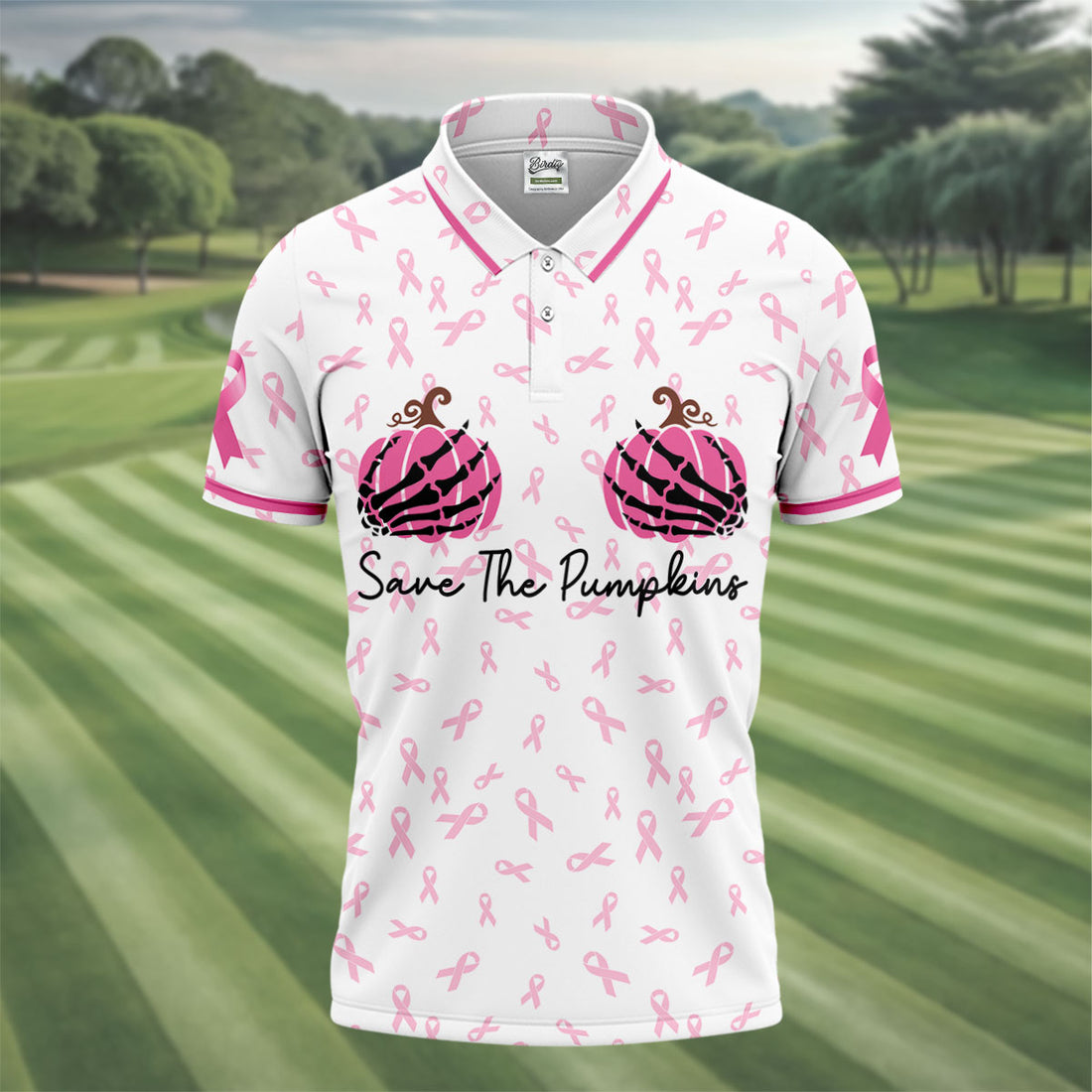 Save The Pumpkins Breast Cancer Ribbon Polo Shirt, Mens Golf Polo, Golf Apparel For Men