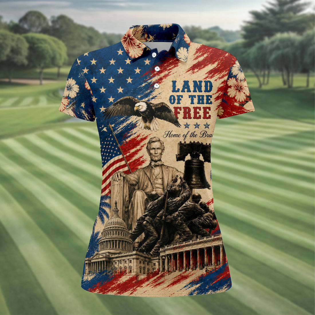 American Heritage Golf Shirt, Land Of The Free Patriotic Collage, Women's Golf Top