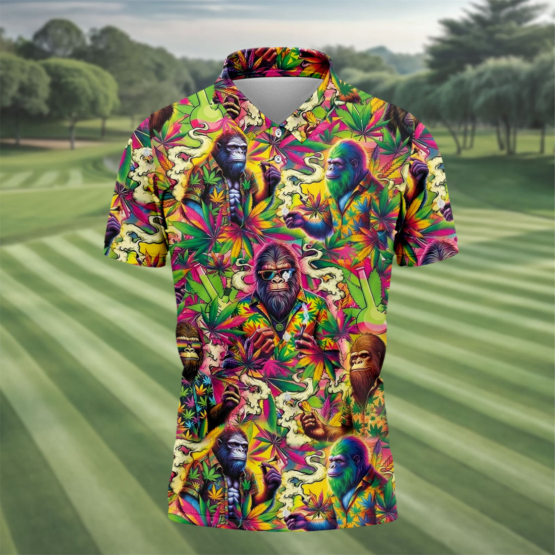 Psychedelic Bigfoot Cannabis Leaf Hawaiian Polo Shirt, Mens Golf Shirts, Golf Apparel For Men