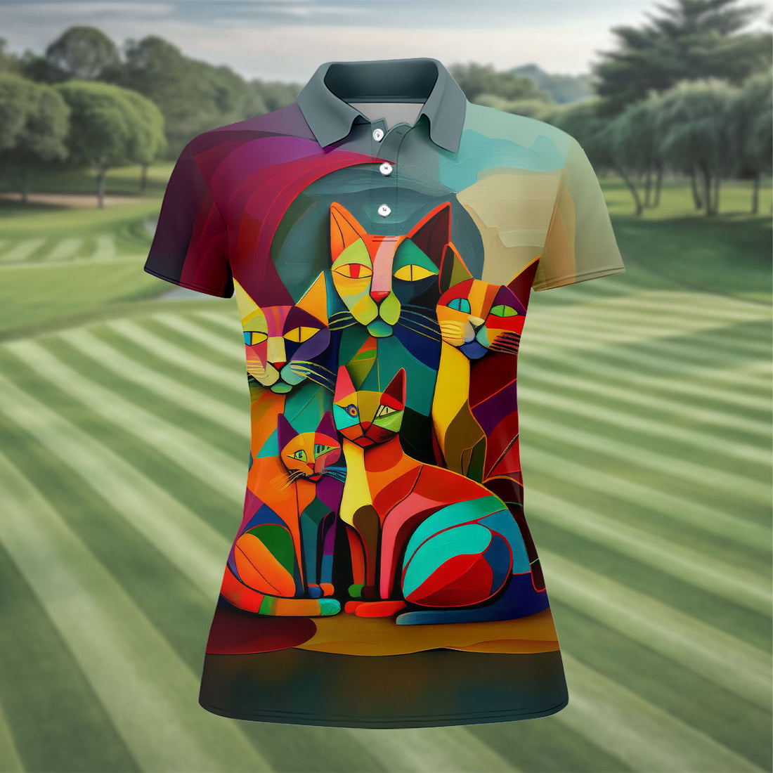 Abstract Colorful Cat Golf Polo Shirt, Women's Golf Tops, Golf Polo For Women