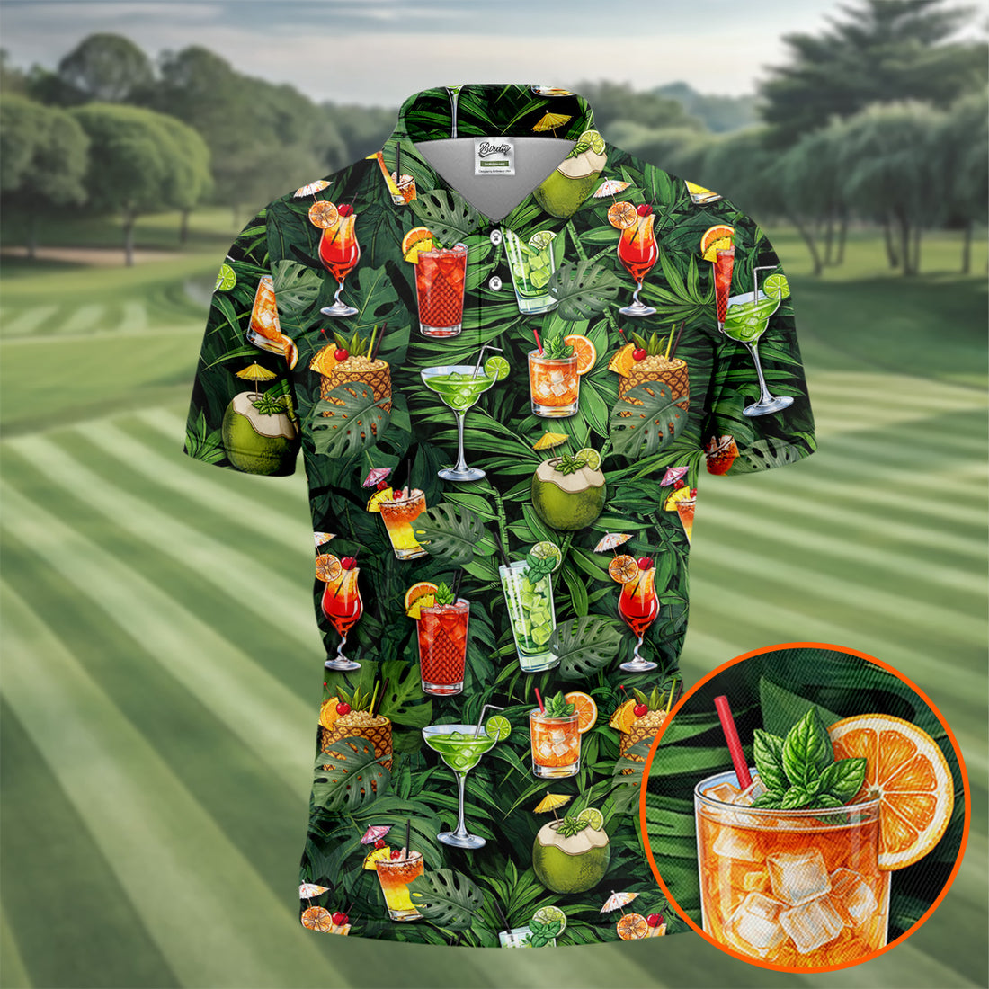Tropical Cocktail Coconut And Palm Leaf Golf Polo, Hawaiian Golf Shirt, Mens Golf Apparel