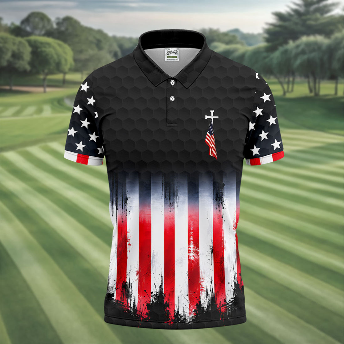Faith Cross American Flag Patriotic Golf Ball Pattern 4th Of July Golf Shirt, 250th Anniversary Golf Shirts For Men