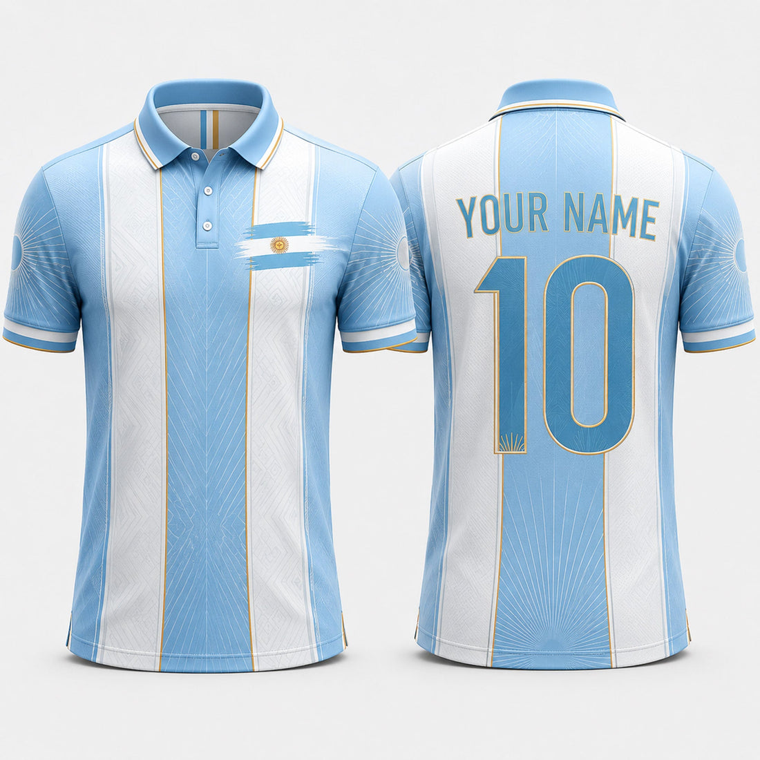 Argentinian Flag Sun Fooball Shirt, White Blue Stripes V-Neck For Men, Father's Day Presents