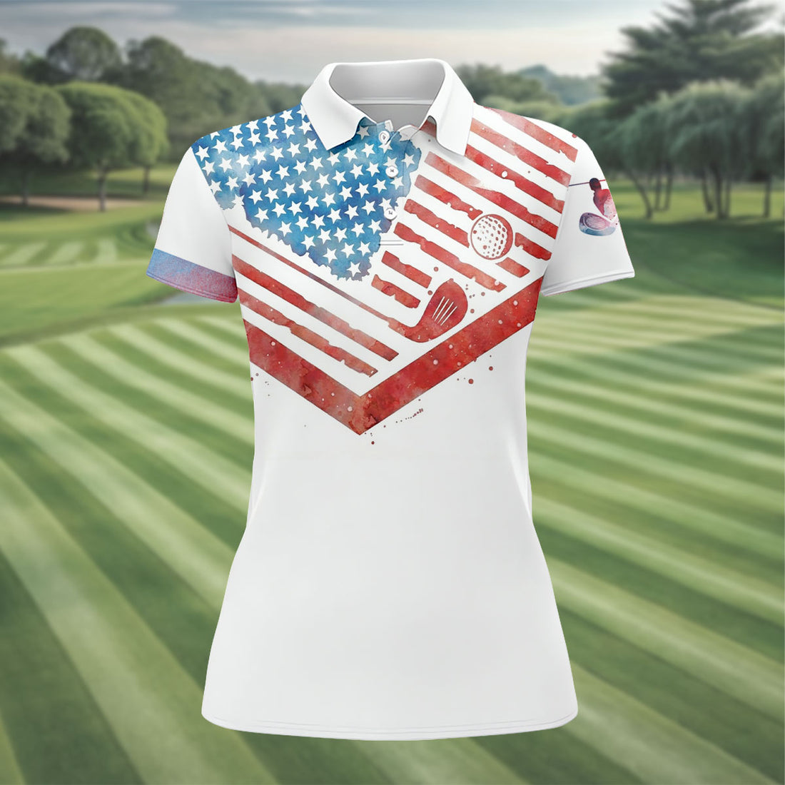 Vintage American Flag Golf Polo Shirt, Ladies Golf Shirts, Golf Polo For Women