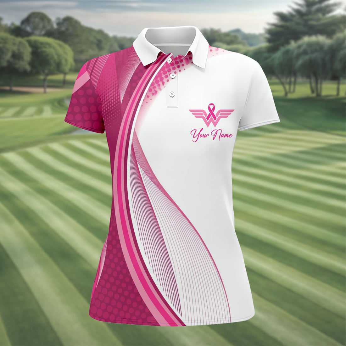 Custom Pink Ribbon Breast Cancer Golf Polo Shirt, Golf Tops For Women, Ladies Golf Shirt