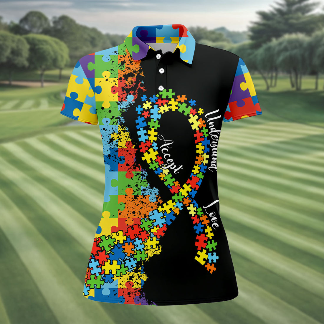 Accept Love Understand Autism Awareness Colors Autism Ribbon Women's Golf Tops, Ladies Golf Polos