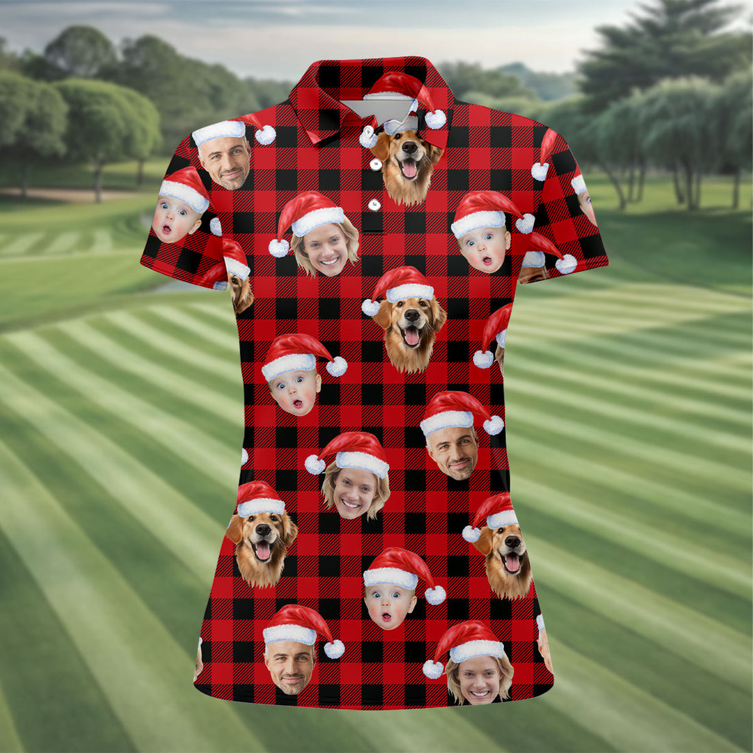 Custom Face Black And Red Checkered Christmas Golf Shirt, Ladies Golf Tops, Golf Gifts For Women