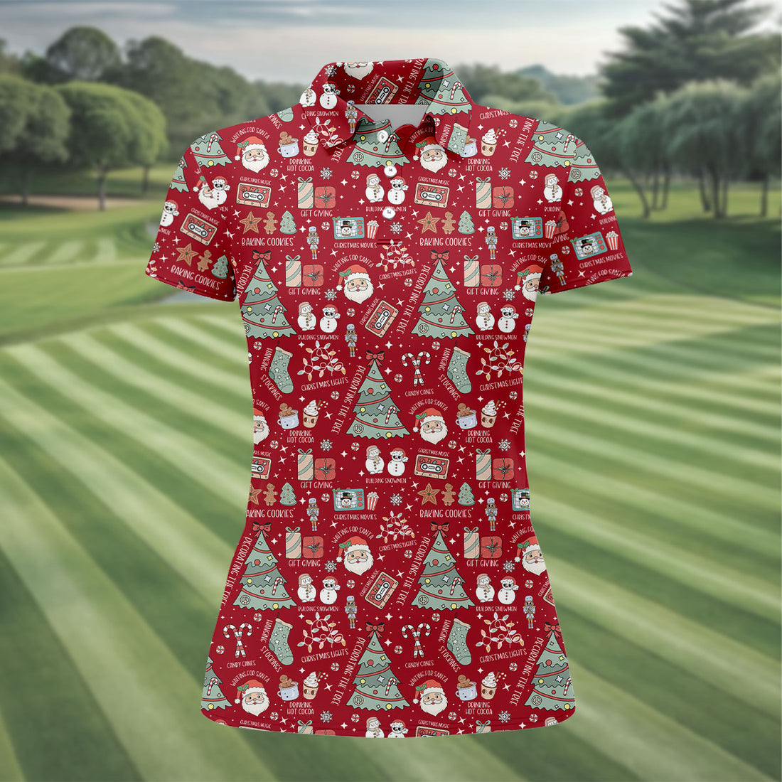 Cute Santa Claus Gift Red Women's Golf Tops, Christmas Golf Shirt, Golf Gift For Ladies