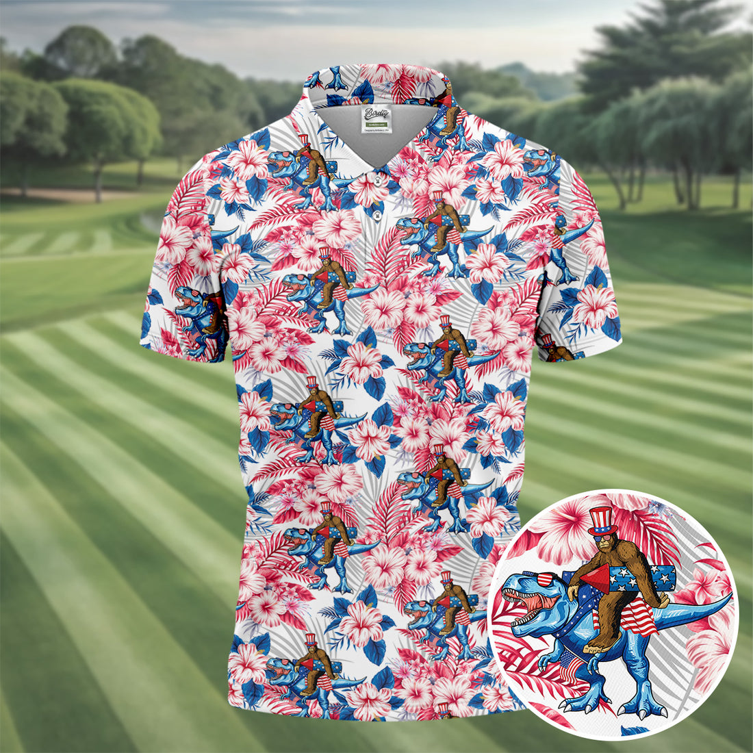 Patriotic T-Rex Bigfoot Hawaiian Floral Golf Shirt, 250 Years 4th Of July Golf Shirts For Men