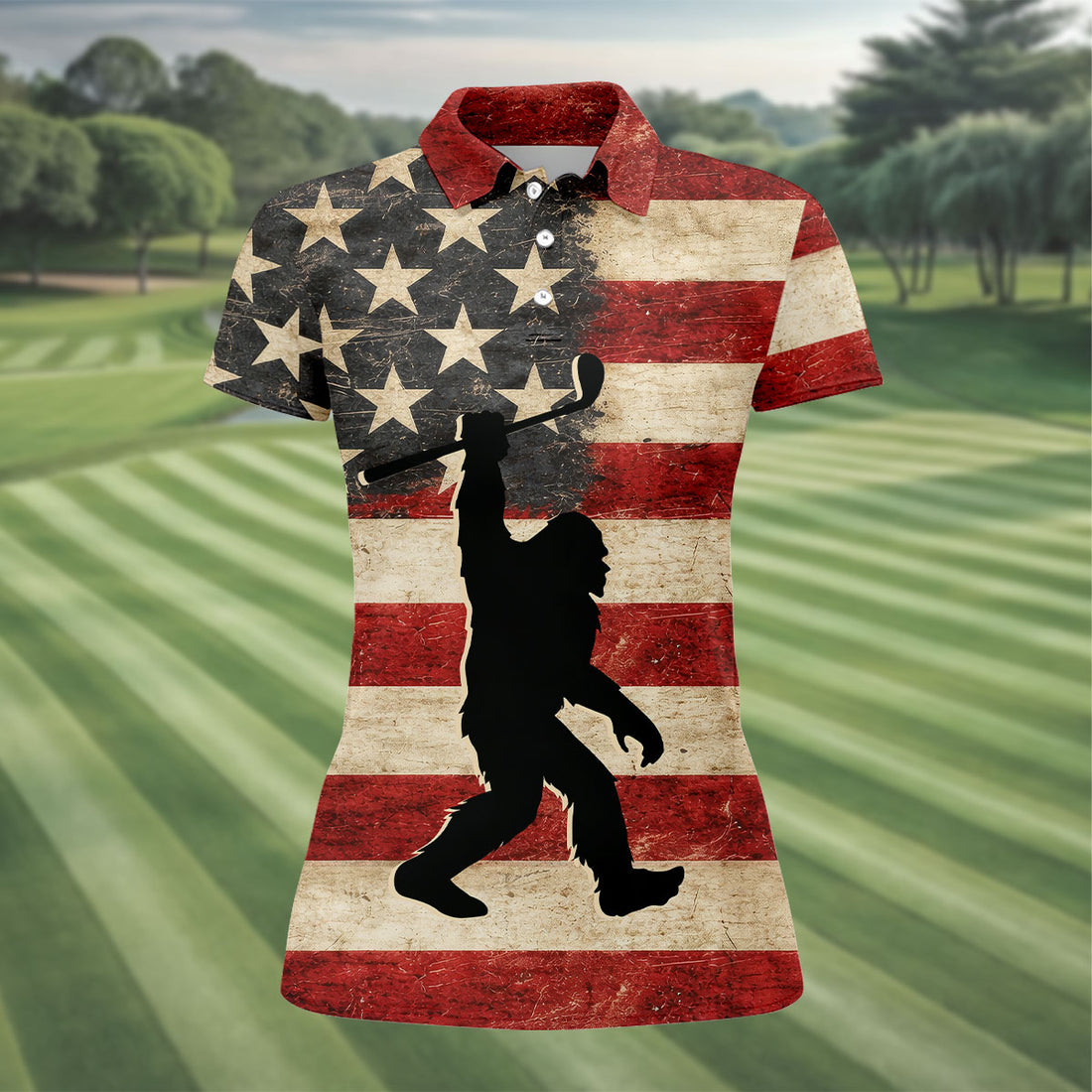 Vintage American Flag Bigfoot Golfer Polo Shirt, Women’s Golf Polo, Golf Tops For Women
