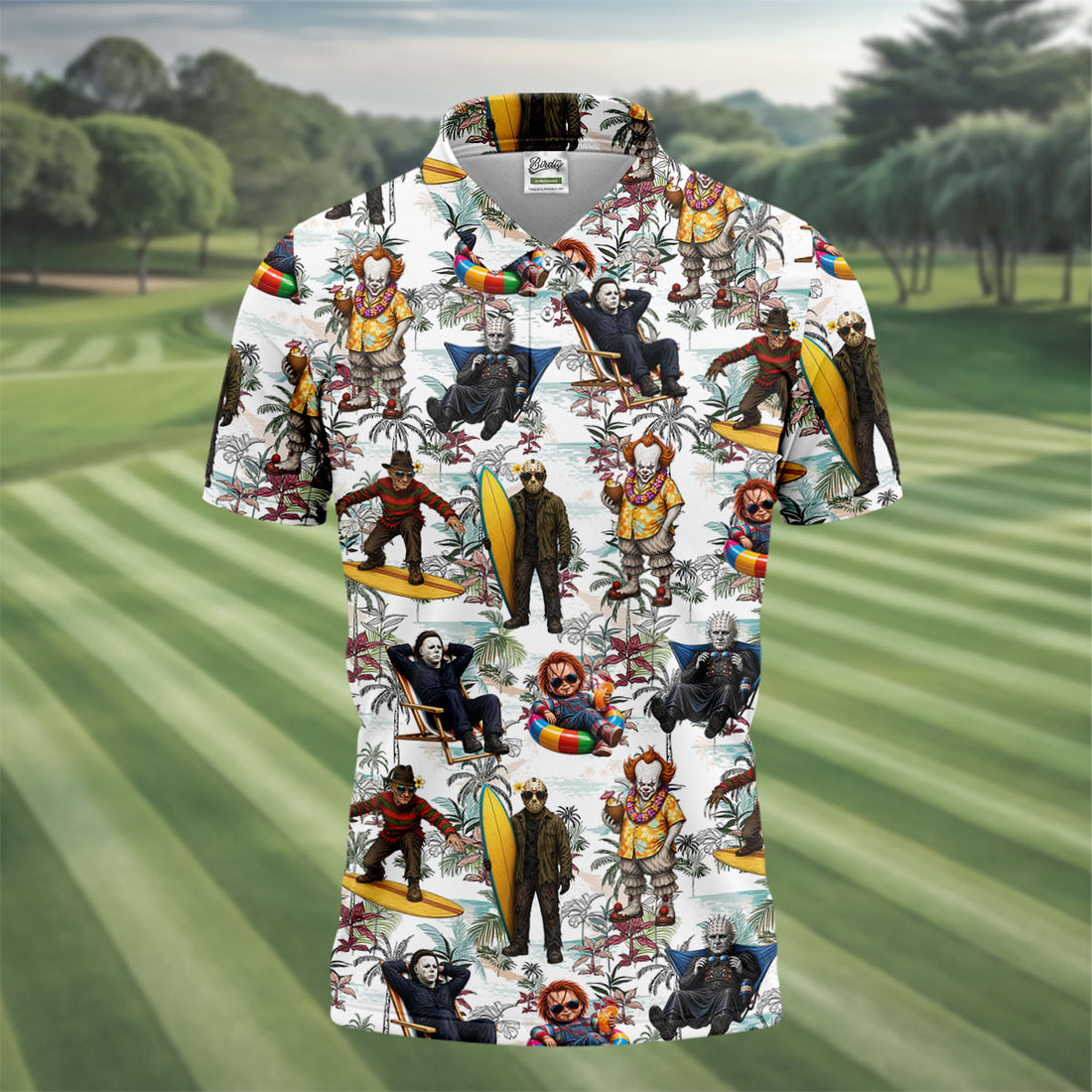 Funny Horror Beach Vacation Tropical Hawaiian Polo Shirt, Golf Shirt for Men