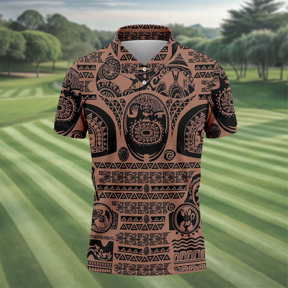 Maori Tattoo Pattern with Traditional Tiki Mask Hawaiian Golf Polo, Golf Tops For Men, Golfing Apparel