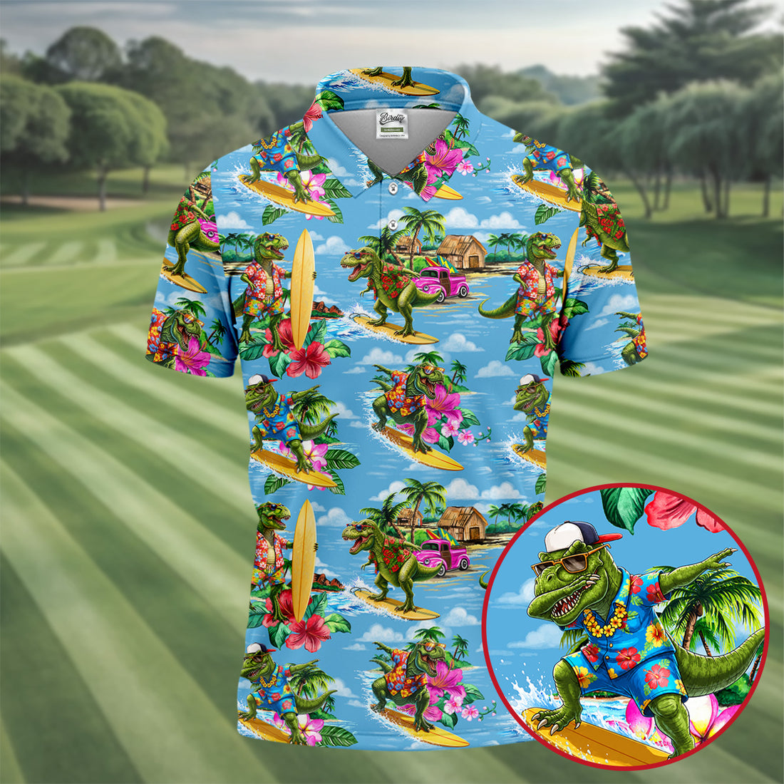 Hawaiian T Rex Surfboard Beach Hawaiian Golf Shirt, Mens Golf Polo, Printed Golf Shirts