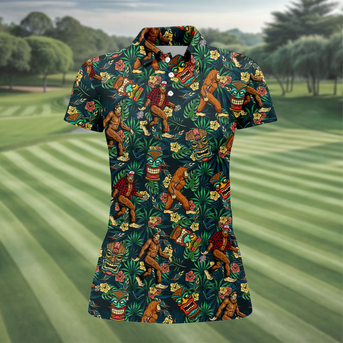 Bigfoot Tropical Tiki Resort Pattern Hawaiian Golf Polo, Golf Tops For Women, Golfing Apparel