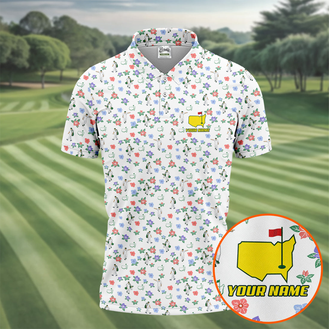 Golfer Pose With Colorful Floral Performance Golf Shirt, The Masters Golf Shirts For Men, Polo Shirts For Men