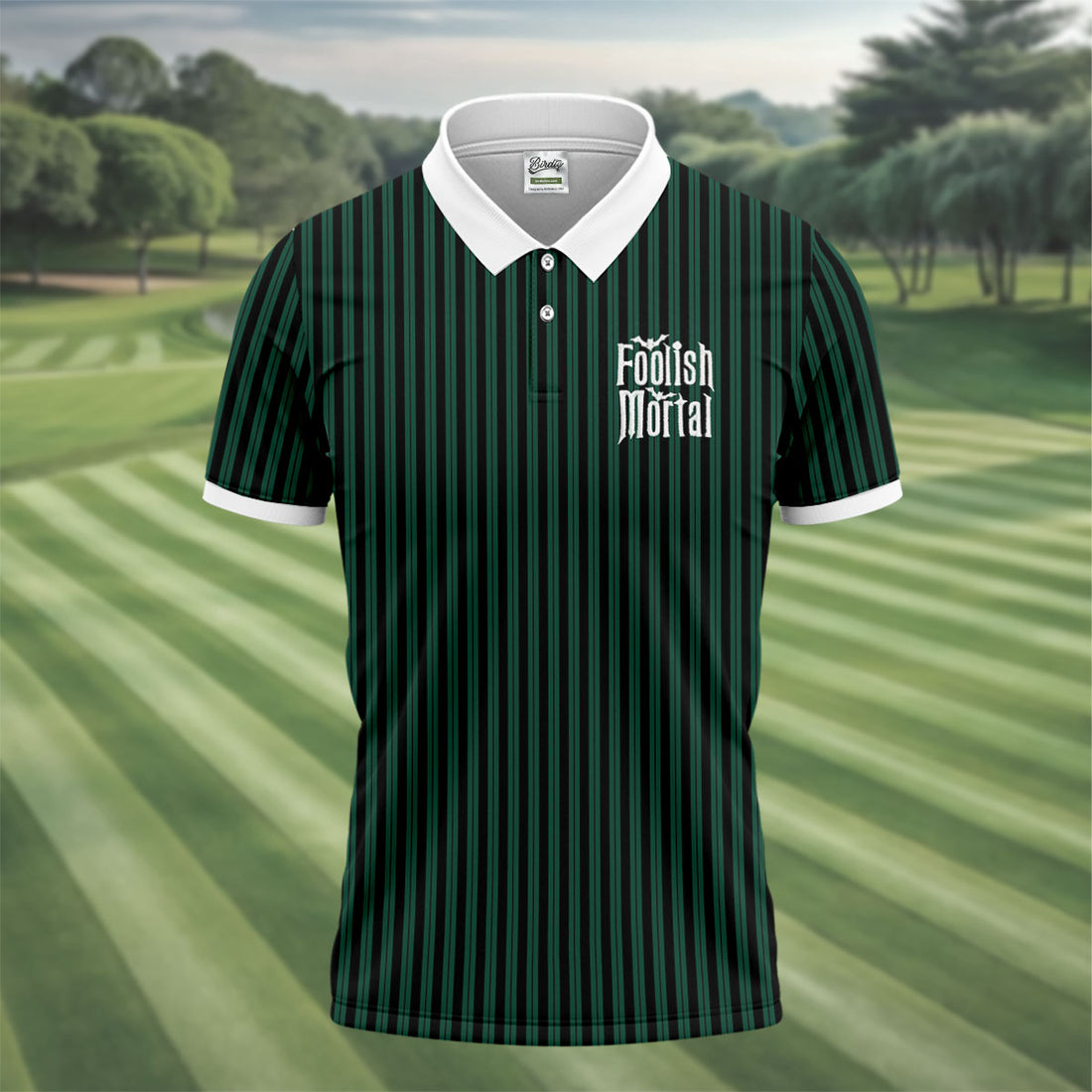 Green Foolish Mortal Striped Golf Polo Shirt, Men's Golf Shirt, Halloween Shirt For Men