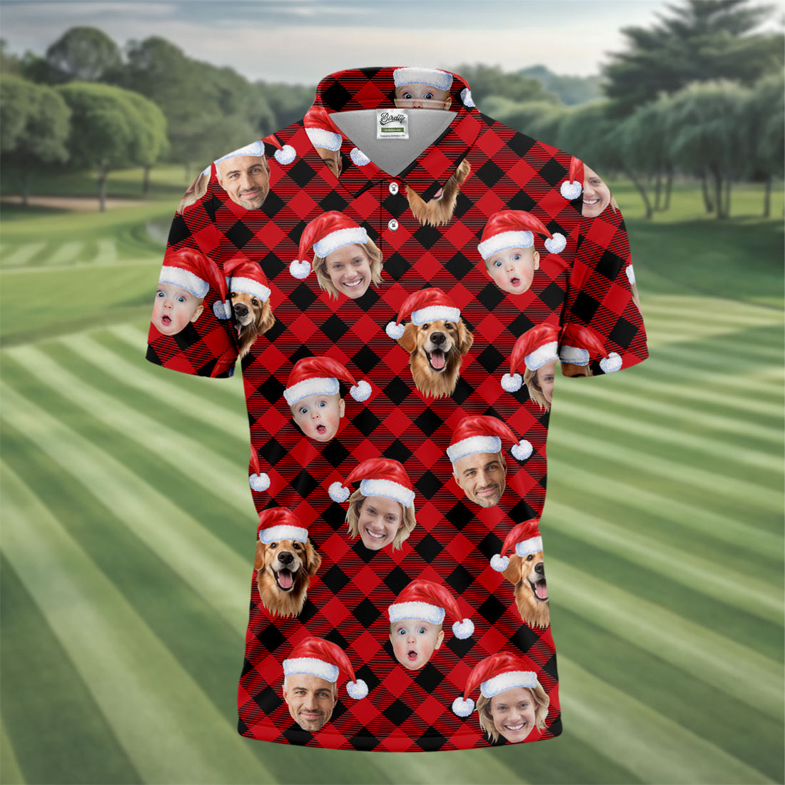 Custom Face Red And Black Checkered Christmas Golf Shirt, Polo Shirts For Men, Golf Gift For Men