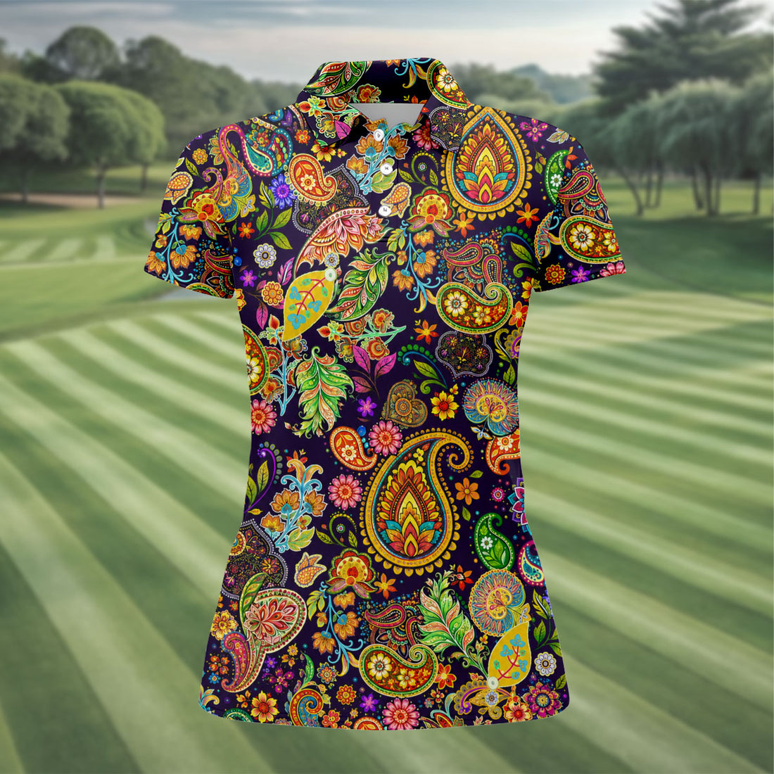Colorful Paisley Vintage Hawaiian Golf Shirt, Women's Golf Tops, Ladies Golf Shirts