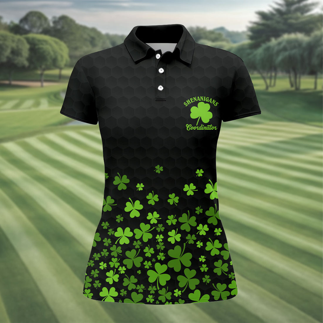 Shenanigans Coordinator Golf Ball Pattern St Patrick Day Black Golf Shirt, Women's Golf Tops, Ladies Golf Polos