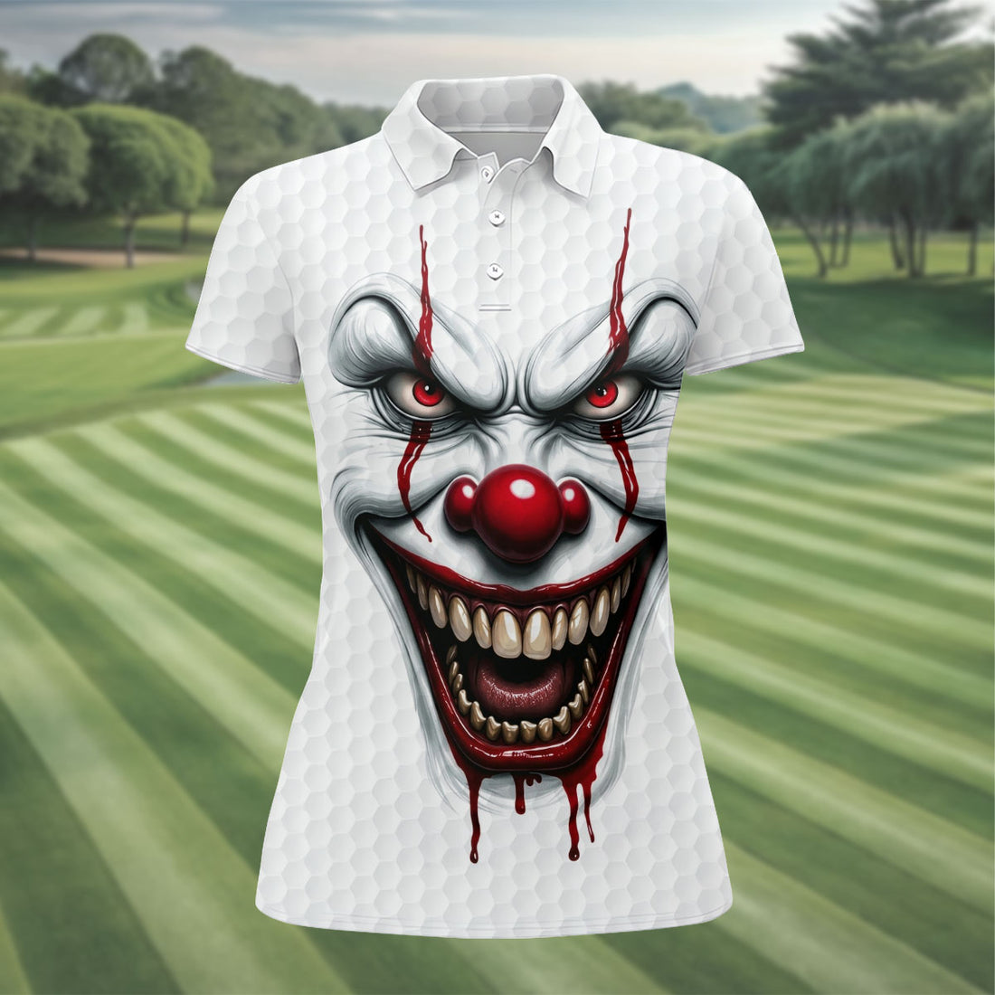 Clown Horror Character Golf Ball Halloween Polo Shirt, Ladies Golf Shirt, Womens Golf Tops