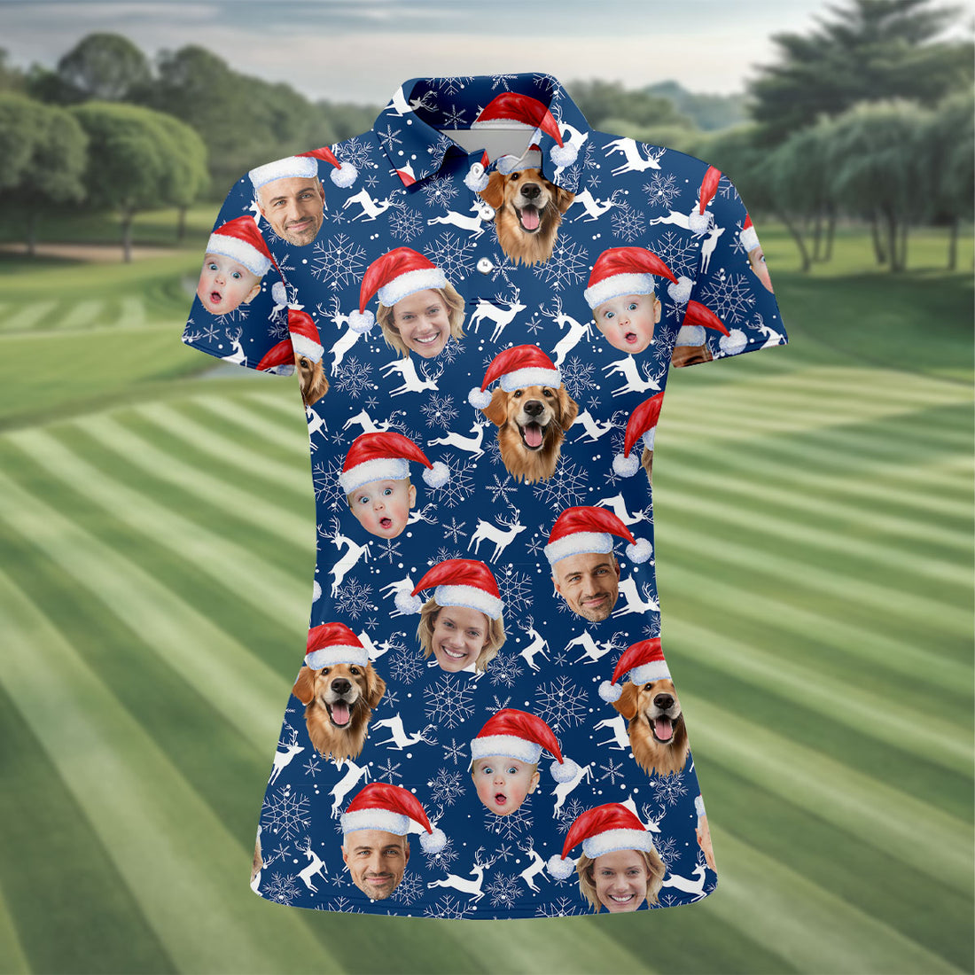 Custom Face Reindeer Pattern Navy Golf Shirt, Christmas Golf Shirt, Women's Golf Tops, Golf Gift For Ladies